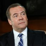 Deputy Chairman of Russia’s Security Council Medvedev gives an interview outside Moscow